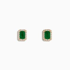 Effy 14K Yellow Gold Diamond Halo Emerald Stud Earrings Hallmarked 14k Gold Green Earrings, Classic Emerald Earrings In Yellow Gold, Classic Yellow Gold Emerald Earrings, Classic Yellow Gold Earrings With Emeralds, 14k Gold Green Earrings, Elegant Green 14k Gold Earrings, Gold Emerald Earrings For Evening, Green 14k Gold Earrings For Formal Occasions, Formal Green 14k Gold Earrings