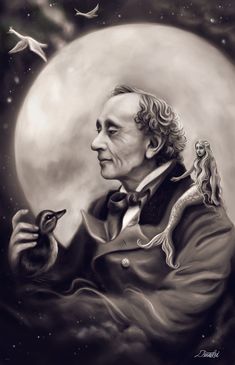 a painting of a man holding a bird in front of a full moon with birds flying around him