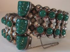 Rendezvous Vintage — 7/24: Vintage Mexican Jewelry Bracelet Mexican, Silver Mask, Dangle Necklaces, Green Jewelry, Hinged Bracelet, Onyx Bead