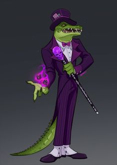 a cartoon alligator dressed in a purple suit and top hat holding a wand with its mouth open