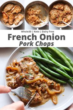 the french onion pork chops are served on a plate with green beans