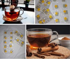 tea and cinnamons are shown in four different pictures