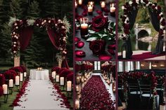 a collage of red and white wedding decor with candles, flowers, and roses