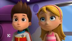 a cartoon boy and girl standing next to each other