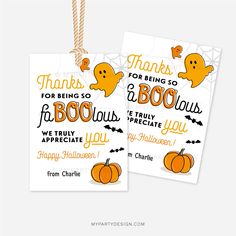 two halloween tags with the words thanks for being so booous and happy to truly appreciate you