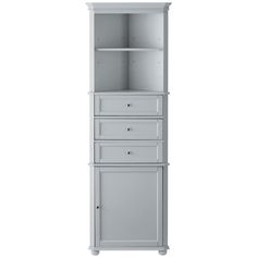 a tall white cabinet with drawers and shelves