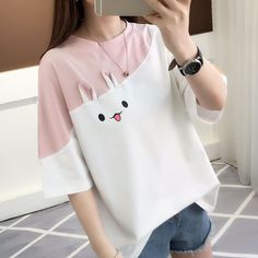 Color: White, Size: M Style Kawaii, Bunny Shirt, Korean Fashion Women, Kawaii Clothes, Trendy Tshirts, Korean Outfits, Trendy Tops, Kawaii Fashion, Fashion Tees