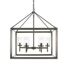 a chandelier with four lights hanging from it's center beam and two candles on each end