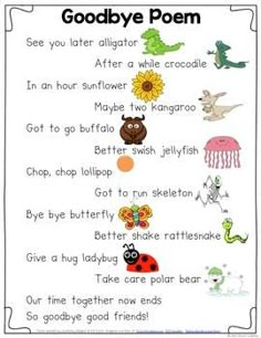 the goodbye poem is written in english and has pictures of animals, flowers, and other things