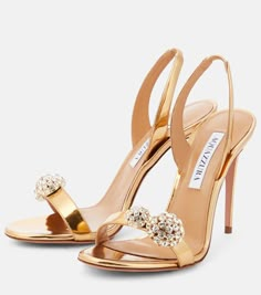 Aquazzura Heels, Aquazzura Shoes, Shoes Heels Classy, Classy Shoes, Bridal Heels, Embellished Sandals, Gold Heels, Fabulous Shoes, Slingbacks