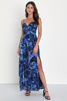 The Lulus Beautiful Soul Blue Floral Print Twist-Front Maxi Dress is here to accentuate your best, beautiful self! Airy chiffon (atop a knit liner), with a large floral print throughout, shapes adjustable spaghetti straps, a sweetheart neckline, and a twist-front bodice. A fitted, banded waist falls to a stunning A-line skirt that ends at a maxi hem with an alluring thigh-high side slit. Hidden back zipper/clasp. Fit: This garment fits true to size. Length: Floor length. Size medium measures 55. Floral Dress Wedding Guest, Blue Floral Maxi Dress, Spring Wedding Guest Dress, Beach Wedding Guest Dress, 2025 Wedding, Maxi Dress Wedding Guest, Large Floral Print, Blue Print Dress, Navy Floral Dress