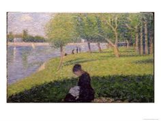 a painting of a woman sitting on the grass next to a body of water and trees