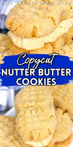 some cookies are stacked on top of each other with the words, copycat nut butter cookies