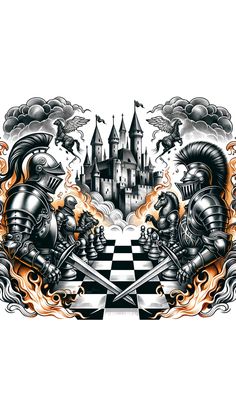 two knights on chess board with castle in the background and flames coming out of their hands