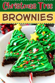 christmas tree brownies with green frosting and sprinkles on a white plate