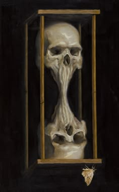 a painting of a human skull in a cage