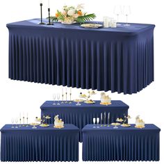 the table is covered with blue cloths and candles