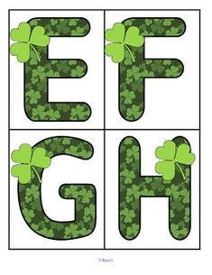 the letters e, f, g and h are made up of shamrock leaf shapes