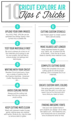 the 10 cricut explore air tips and tricks poster is shown with instructions for how to