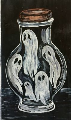 a black and white painting with three ghost figures in a jar on the table next to it