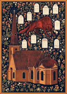 an illustration of a dog jumping over a church with tombstones and flowers in the background