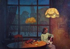 a painting of a woman sitting at a table in front of a window with a lamp