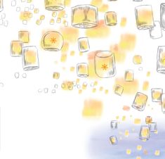 an artistic drawing of cubes floating in the air on a white and yellow background