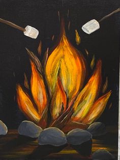 an oil painting of a fire with rocks on the ground