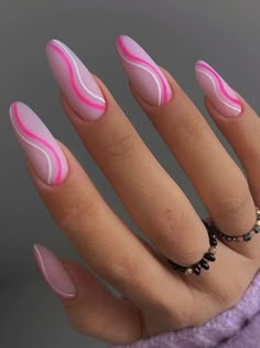 hot pink and white swirl acrylic nails Nail Designs And Colors, Swirl Nail, Swirl Nail Art, Swirl Nails, Emerald Nails, Pisces Tattoos, Spring Nail Designs, Pink Acrylic Nails, Pastel Nails