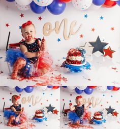 Fireworks First Birthday, Red White Blue Smash Cake, Fourth Of July Smash Cake, July Birthday Themes, July First Birthday Party Girl, 4th Of July First Birthday Girl, Our Little Firecracker Is Turning One, Fourth Of July Birthday Cake, July 1st Birthday Party Ideas