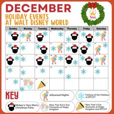 a december calendar with mickey mouses and snowflakes on the front, including holidays at walt world