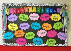 a bulletin board with colorful writing on it