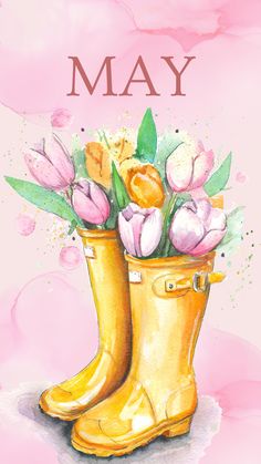 a watercolor painting of a yellow rubber boot with flowers in it and the words may