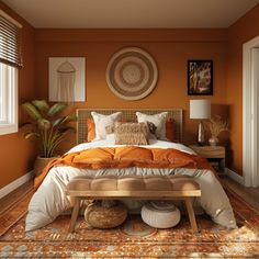 a bedroom with an orange wall and white bed in the center, along with two side tables on either side