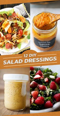 four different salad dressings are shown in this collage