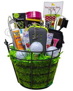 the golf gift basket is filled with personal care products and gifts for his or her