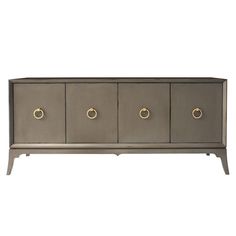 the sideboard is made from metal and has four brass pulls on each drawer, which are