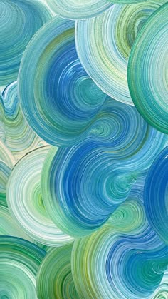 an abstract painting with blue, green and white swirls