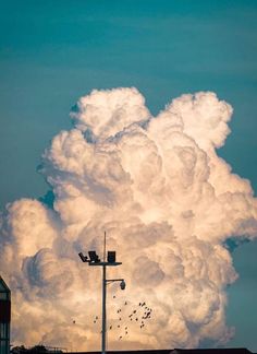 a large cloud is in the sky with birds flying around it and some buildings on the other side