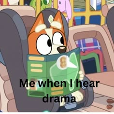 a cat sitting in a car seat reading a book with the caption me when i hear drama