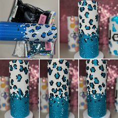 four images show the different stages of using sequins to decorate toothbrushes