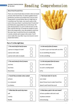 reading worksheet with french fries in it