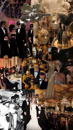 a collage of people dressed in black and white, with masks on their faces