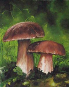 a painting of two mushrooms in the grass