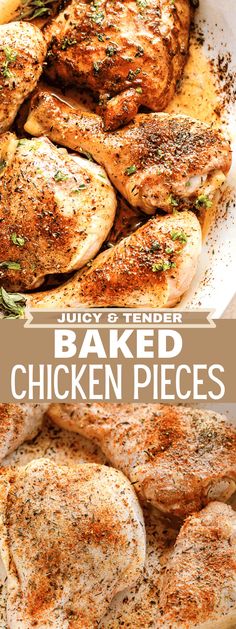 baked chicken pieces in a white bowl with herbs and seasoning on top, next to the