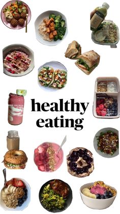 a poster with the words healthy eating written in black and white on it's side