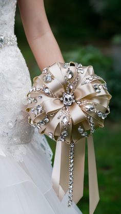 Glamorous Jeweled Ribbon Wedding Bouquets Ribbon Bouquet Wedding, Unique Wedding Bouquets, Ribbon Wedding Decorations, Wedding Bouquet Ribbon, Bouquet Images, Gifts Photography, Ribbon Bouquet