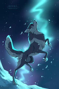 a wolf standing on its hind legs in front of the night sky with stars and clouds