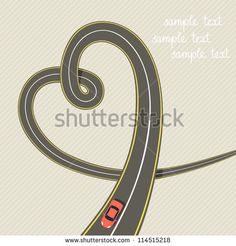 a car driving on a road in the shape of a heart, with an inscription