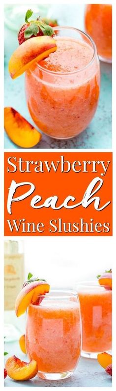 two glasses filled with strawberry peach wine slushies